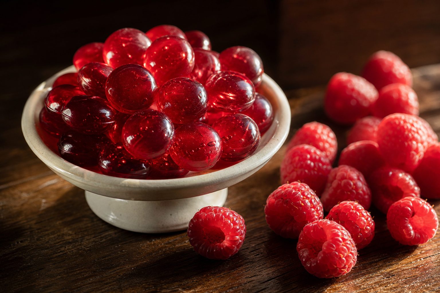 Glossy deep-red boiled sweets in a small cream ceramic dish beside fresh raspberries on a wooden table