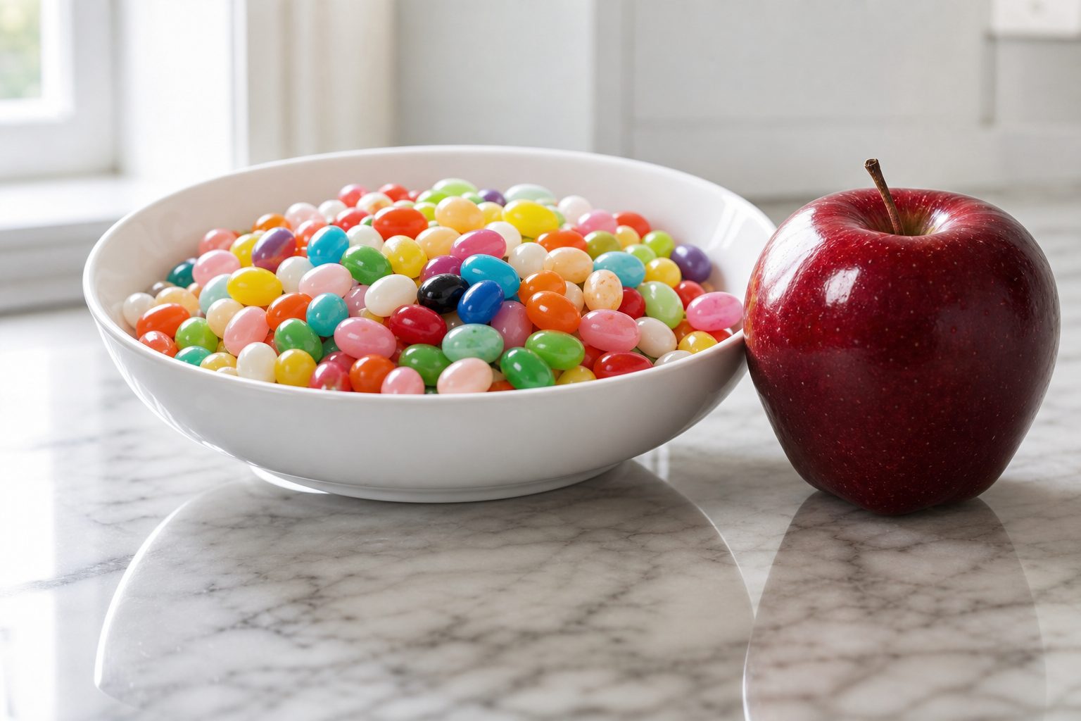 Shiny multicoloured jelly beans in a white porcelain bowl beside a glossy red apple on a pale marble counter