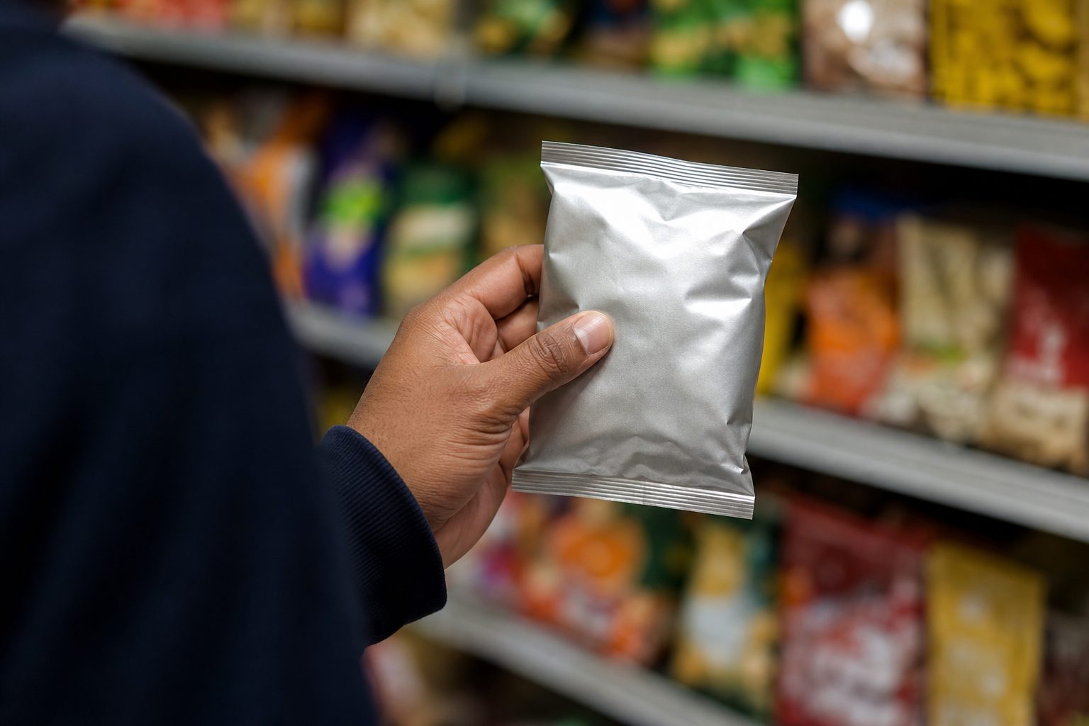 A hand in a dark navy sleeve holding up a plain silver foil snack pouch in a supermarket snack aisle