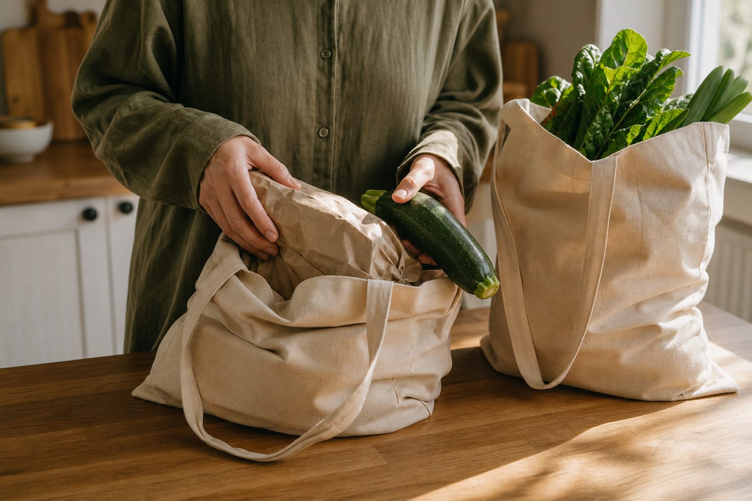 Hands in loose olive long sleeves lifting a courgette and a paper-wrapped parcel out of canvas grocery bags on a wooden kitchen counter