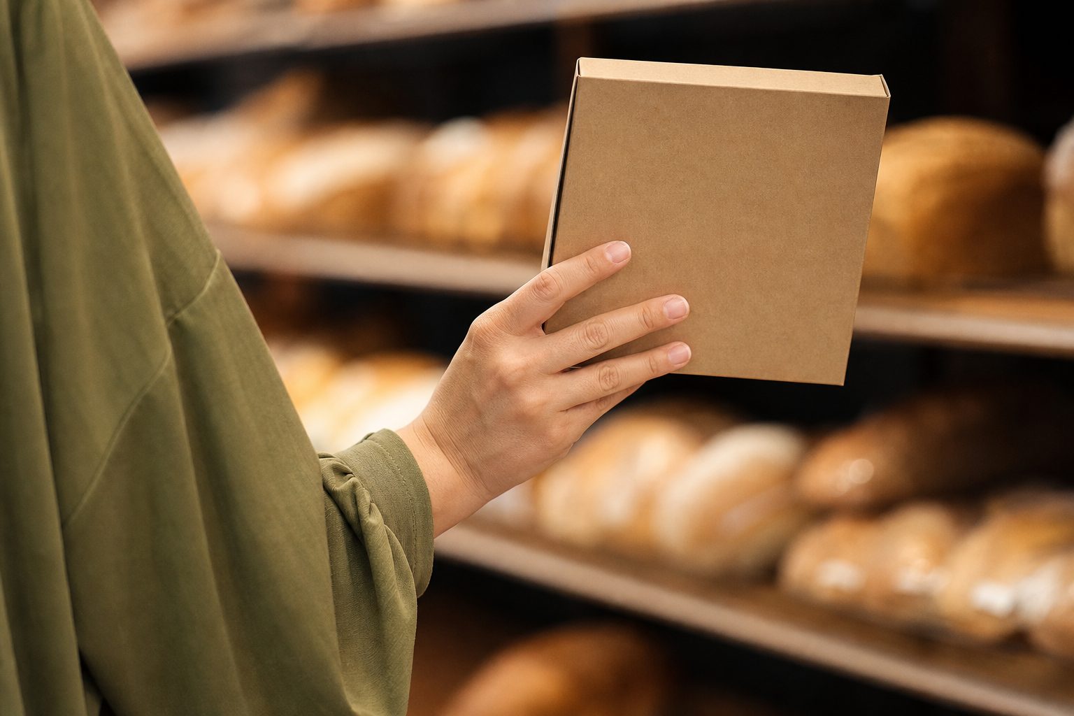 A hand in a long olive-green sleeve holding up a plain kraft cardboard box in front of shelves of bread loaves in a supermarket aisle