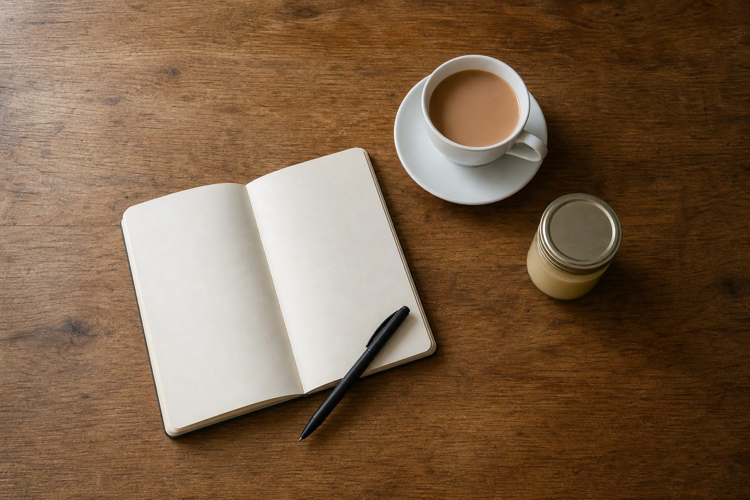 Overhead view of a blank notepad, a pen, a cup of tea and a small unlabelled jar on a wooden kitchen table