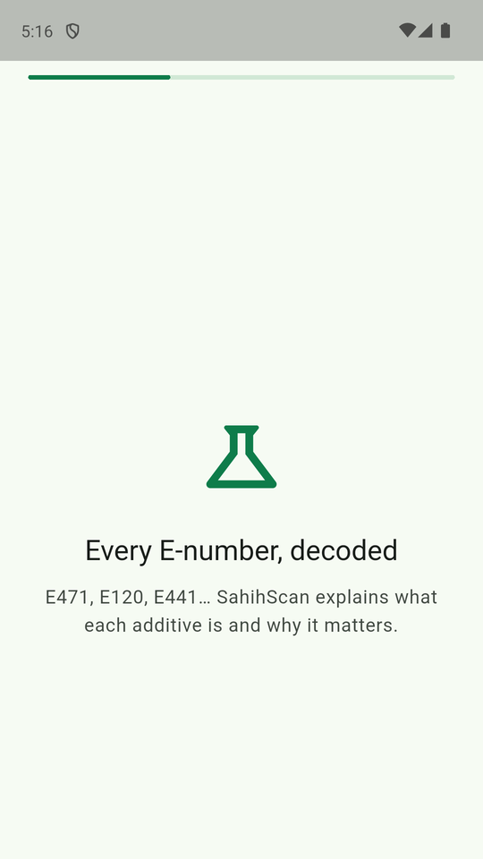 SahihScan onboarding screen titled Every E-number, decoded, naming E471, E120 and E441 as examples